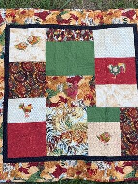 Handmade Patchwork Rooster Quilt - Green, Red, Cream